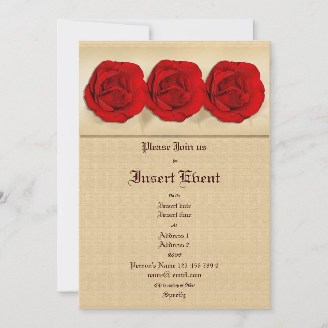 Invitations template - customisable red roses (Front)