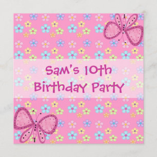 Invite 10th Birthday Floral Pink Butterfly