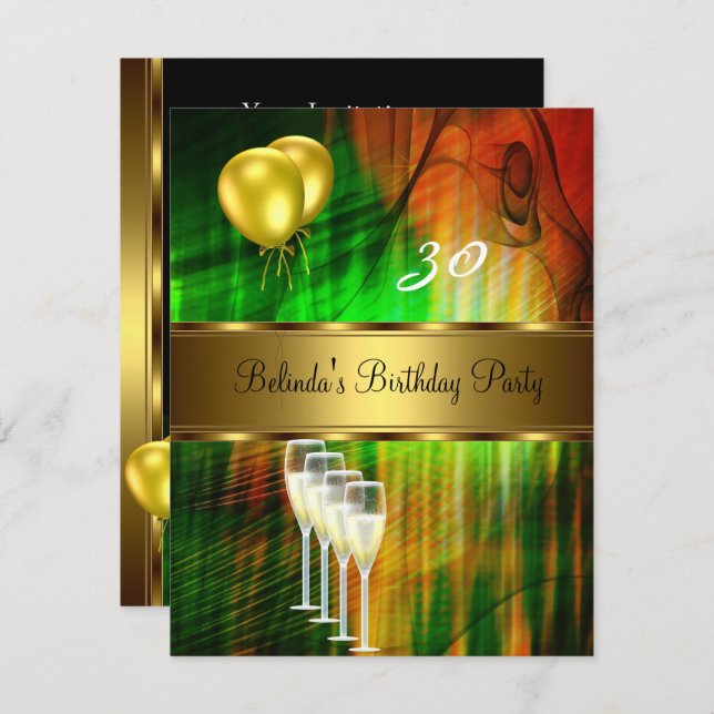 Invite 30th Birthday Party Green Yellow Balloons (Front/Back)