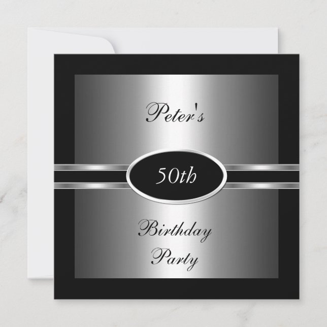 Invite 50th Birthday Party Black  Silver (Front)