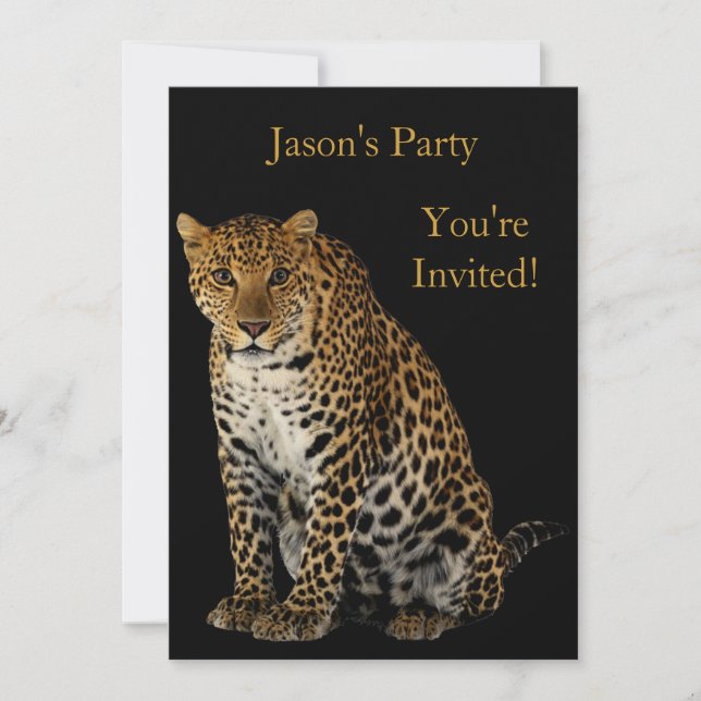 Invite Birthday Party Leopard On Black (Front)