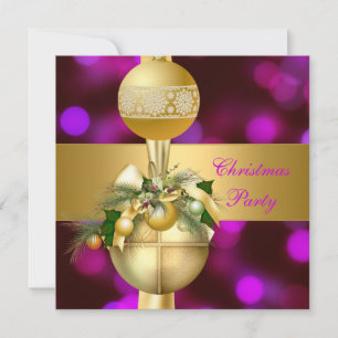 Invite Christmas Party Gold Balls Purple Pink