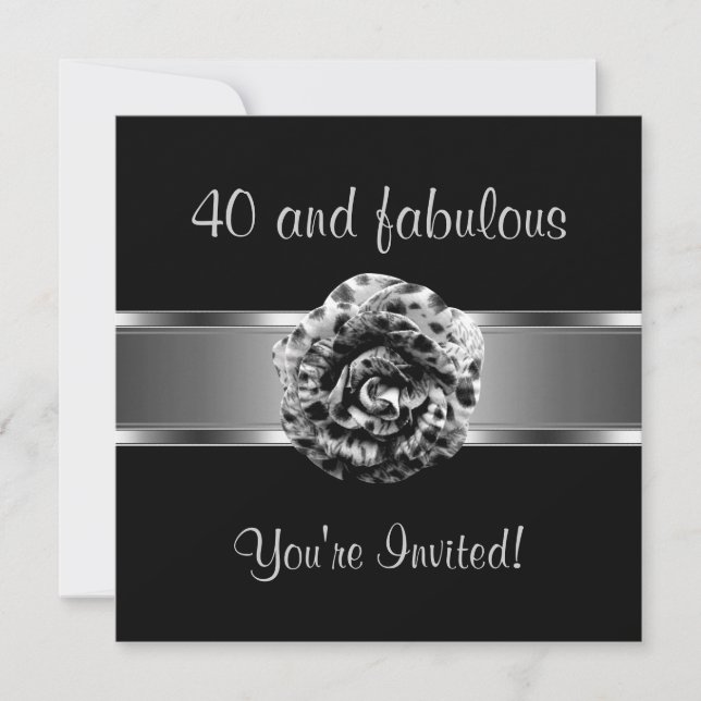 Invite Party Black Grey Flower Fabulous 40th (Front)