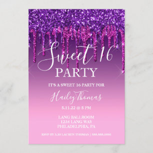 Invite - Purple & Pink Glitter Drip Sweet Sixteen