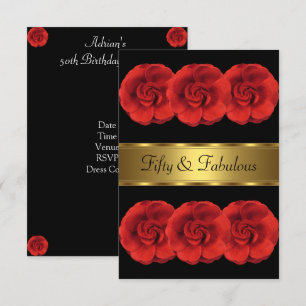 Invite Red Flowers Black Gold Fabulous 50th