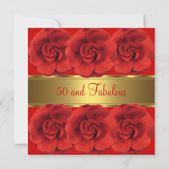 Invite Red Flowers Gold 50 and Fabulous (Front)