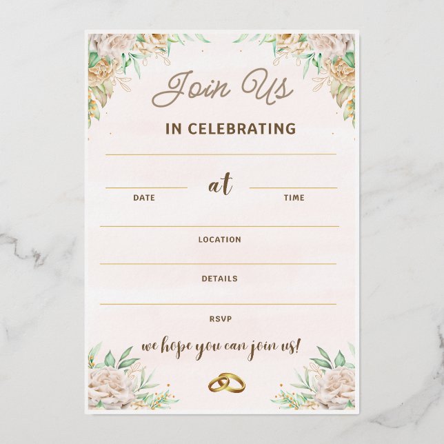 Invites for Wedding Birthday, Romantic Wedding (Front)