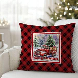 Inviting red truck winter scene rustic holiday cushion