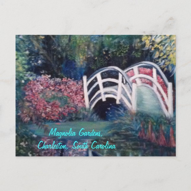 Inviting White Bridge into Luscious Gardens Postcard (Front)