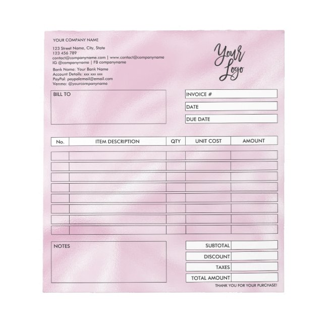 Invoice Form Business Quotation Add Logo Notepad (Front)