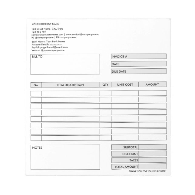 Invoice Form Business Quotation Add Logo Notepad (Front)