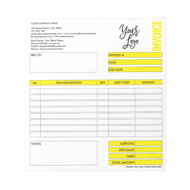 Invoice Form Business Quotation Add Logo Notepad (Front)