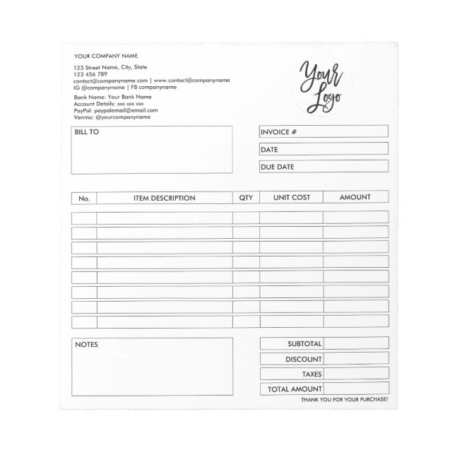 Invoice Form Business Quotation Add Logo Notepad (Front)