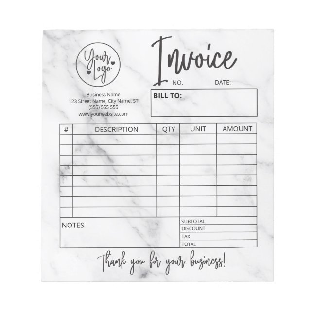 Invoice Sales Form Receipt Business Logo Marble Notepad (Front)