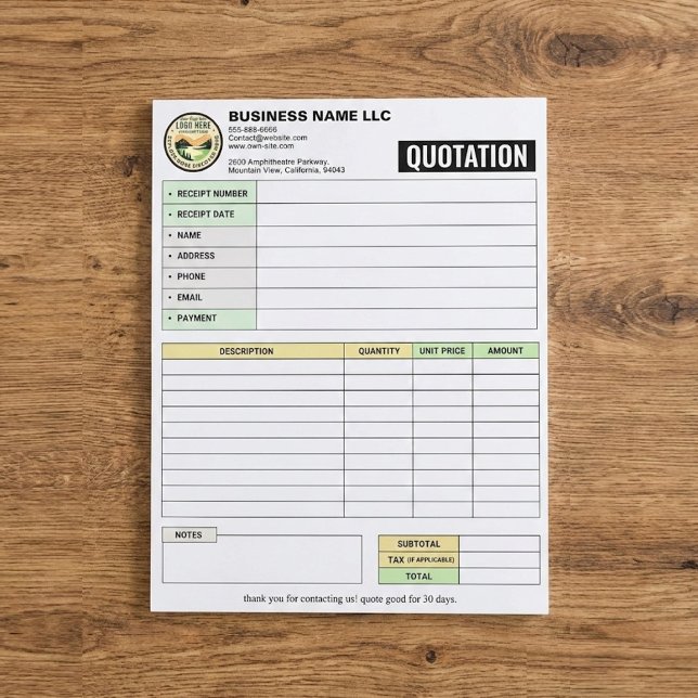 Invoice / Sales Order Receipt | Business Quotation Notepad (Payment Receipt invoice book quote template for clients)
