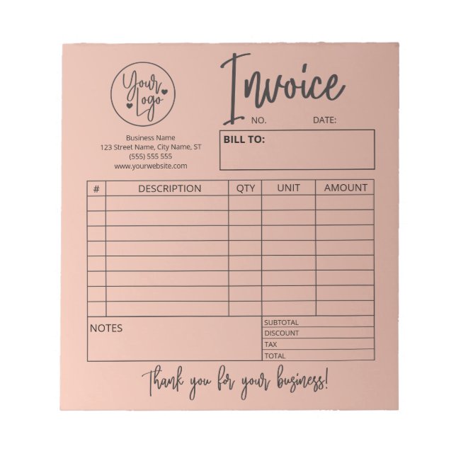 Invoice Sales Receipt Business Logo Blush Pink Notepad (Front)