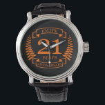 Iolite Gemstone wedding anniversary 21 years Watch<br><div class="desc">A design to celebrate 21 years of marriage. This design has a orange (the traditional colour) coloured laurel design on a black background. Iolite is the traditional gemstone for this occasion. The text reads Iolite 21 years anniversary. A romantic design to celebrate your 21th year of marriage. If you would...</div>