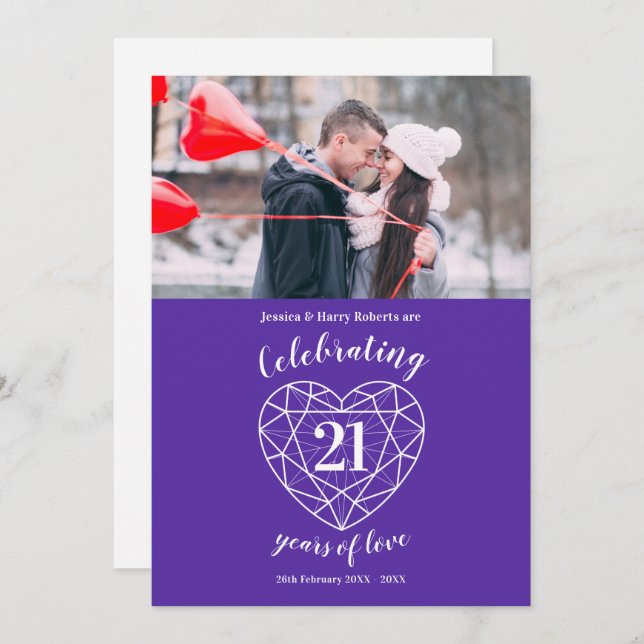 Iolite heart anniversary 21 years photo purple invitation (Front/Back)