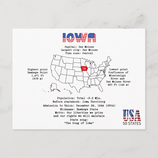 Iowa American state on a map and useful info Holiday Postcard (Front)