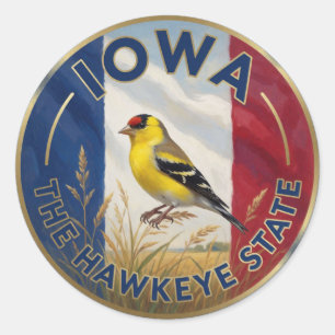 🌾 Iowa Flag and Eastern Goldfinch Hawkeye Classic Round Sticker