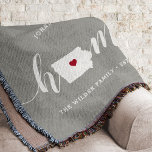 Iowa Home State Personalised Throw Blanket<br><div class="desc">Show some home state pride with this cute rustic grey throw blanket featuring "home" in white calligraphy script lettering with a silhouette map of the state of Iowa standing in for the letter "O." A red heart illustration inside the state map completes the design; you can change the position of...</div>