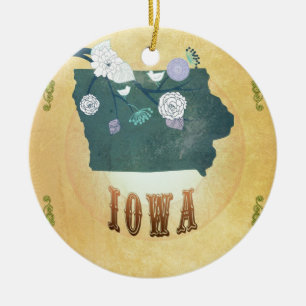 Iowa Map With Lovely Birds Ceramic Ornament