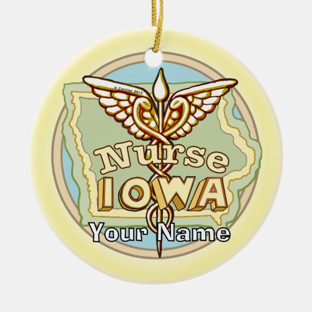 Iowa Nurse Caduceus  Ceramic Ornament (Front)