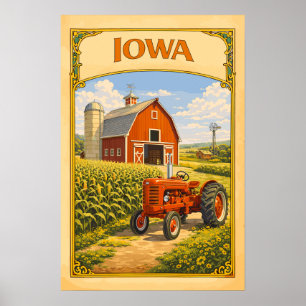 Iowa Red Barn and Classic Tractor Vintage  Poster