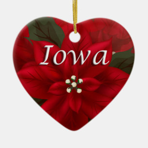 Iowa Red Poinsettia Heart  Keepsake Ornament