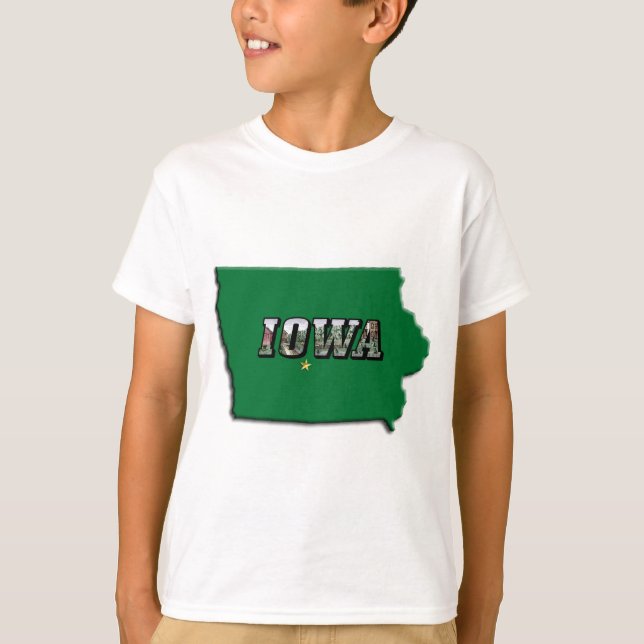 Iowa State Map Green Outline & Photo Text Kids' T-Shirt (Front)