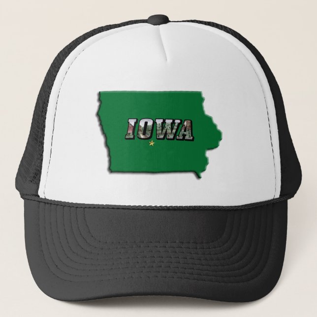 Iowa State Map Green Outline & Photo Text Trucker Hat (Front)