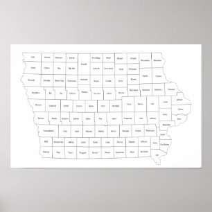 Iowa state map with county outlines and names poster