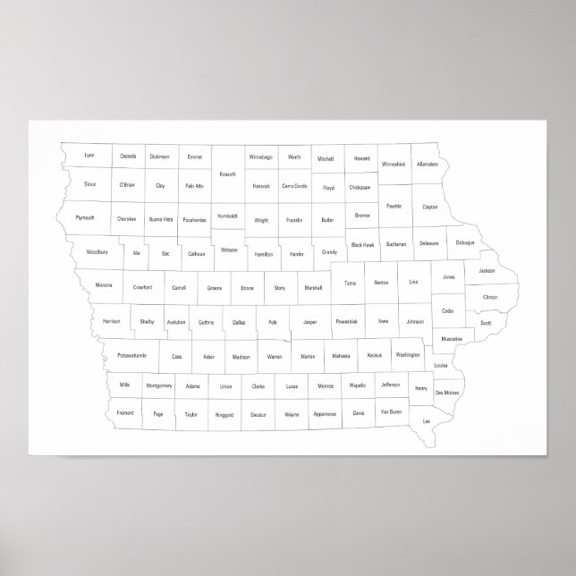 Iowa state map with county outlines and names poster (Front)