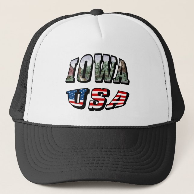 Iowa USA Flag & State Photo Text Trucker Hat (Front)