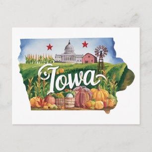Iowa USA State Shaped Vintage Farm Harvest Postcard