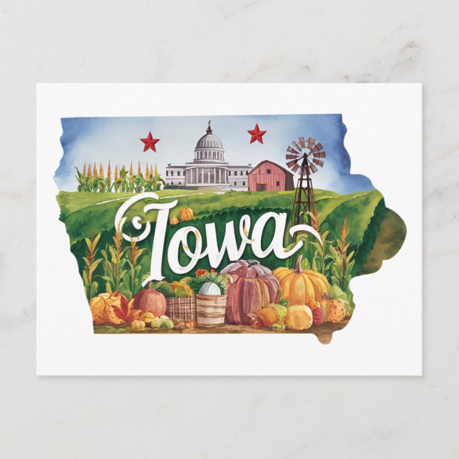Iowa USA State Shaped Vintage Farm Harvest Postcard (Front)