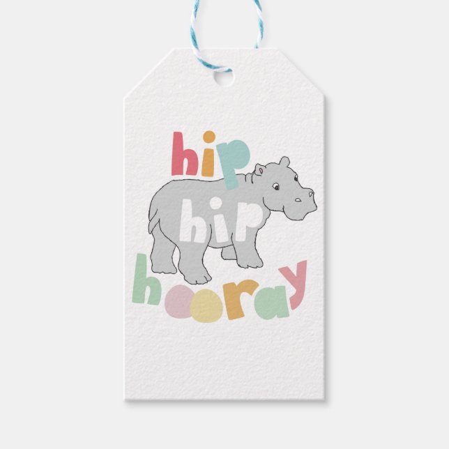 ip Hip Hooray Grey Hippo Drawing Cute Animal Art Gift Tags (Front)