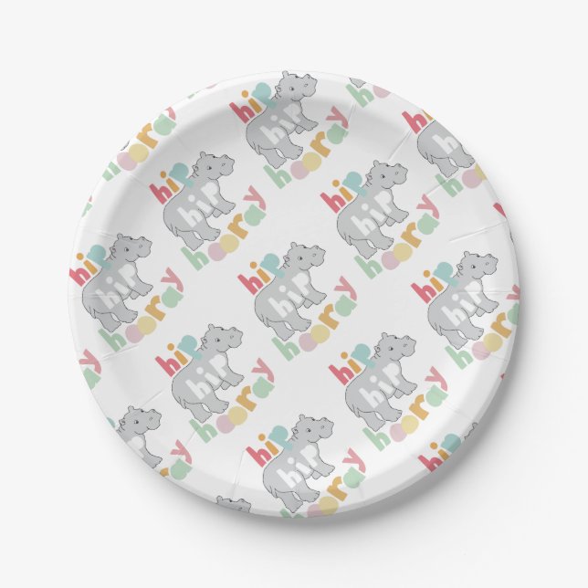 ip Hip Hooray Grey Hippo Drawing Cute Animal Art Paper Plate (Front)
