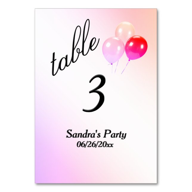 Ipanema Balloons Custom Text Table Number (Front)