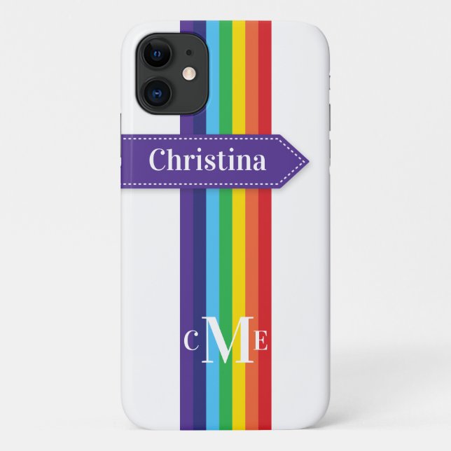 iPhone 11 Case | Rainbow Striped with Monogram (Back)