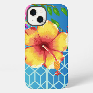 iPhone 13 Case, Blue Background Golden flower. Case