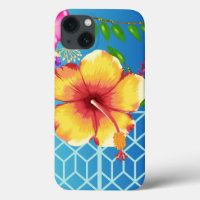 iPhone 13 Case, Blue Background Golden flower.