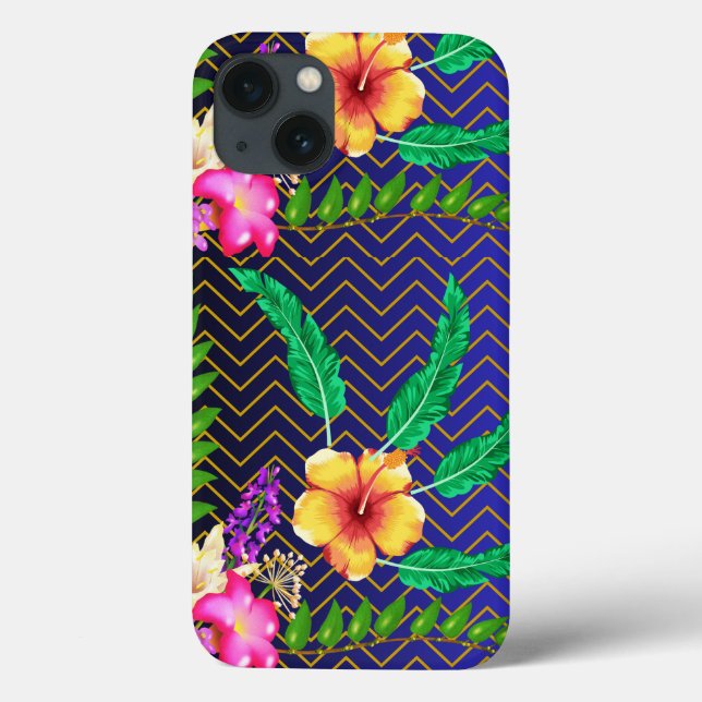 iPhone 13 Case, Blue background Red, Yellow Flower Case-Mate iPhone Case (Back)