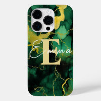 iPhone 14 Pro case Green & Gold Alcohol Ink