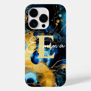 iPhone 14 Pro case with Blue & Gold Alcohol Ink