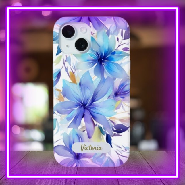 iPhone 15 Case Blue & Purple Floral Design & Name (Creator Uploaded)