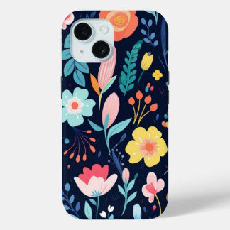 iPhone 15 Phone Case W/ Cartoon Art Floral Design