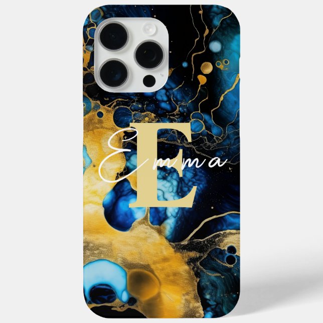 iPhone 15 Pro Max Case w Blue & Gold Alcohol Ink (Back)