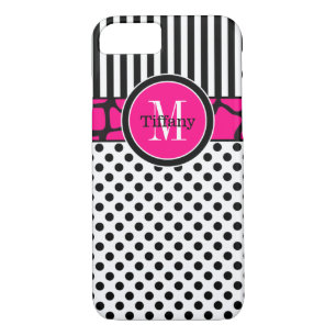 iPhone 7 Case Stripes, Dots Fuchsia Pink