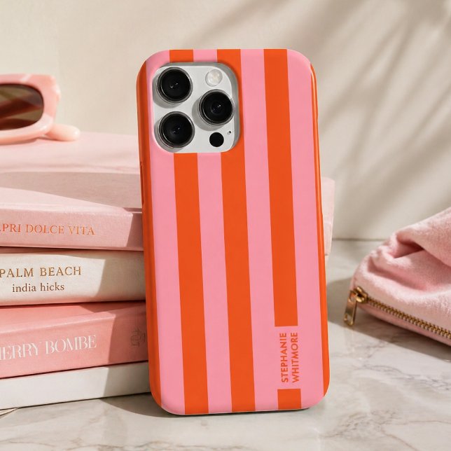 iPhone Case | Preppy Bold Stripe Coral Pink (A bold striped phone case with a playful modern look perfect for gifting or everyday use.)